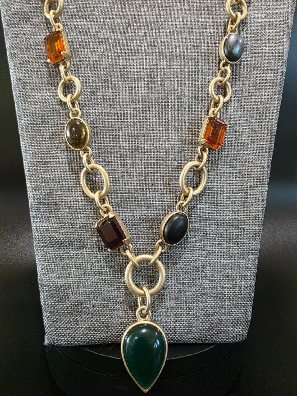 Vintage Ann Taylor LOFT Statement Necklace Brushed Gold Faux Multi Gemstone 25"